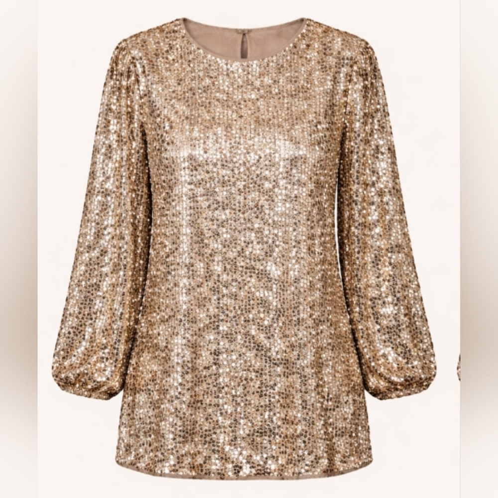 Yuni Los Angeles Champagne Gold Sequin Blouse XL Keyhole Back Party Top - Picture 2 of 6